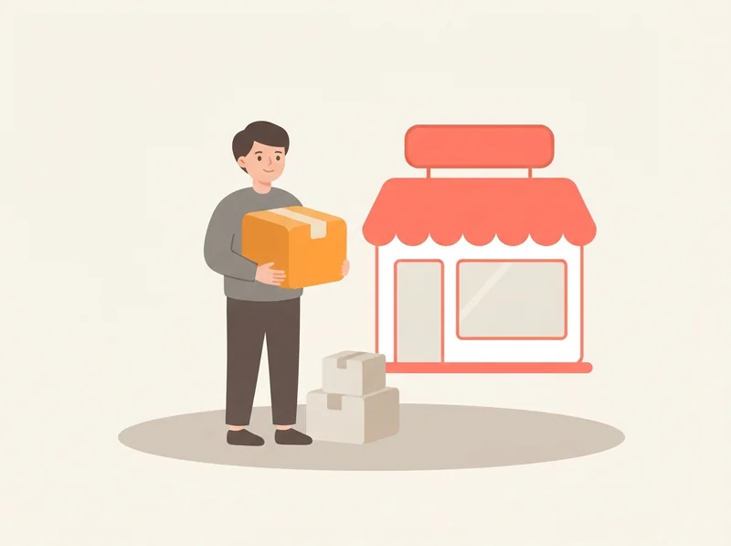 通販事業支援のイメージイラスト：段ボールを抱える人物と小さな店先